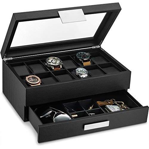 Glenor Co Watch Boxes with Valet Drawer for Men - 12 Slot Luxury Watch Case Display Organizer, Carbon Fiber Design - Metal Buckle for Mens Jewelry Watches, Mens Storage Boxes Holder has Large Glass Top Glenor Co Watch Boxes with Valet Drawer for Men - 12 Slot Luxury Watch Case Display Organizer, Carbon Fiber Design - Metal Buckle for Mens Jewelry Watches, Mens Storage Boxes Holder has Large Glass Top
