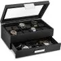 Glenor Co Watch Boxes with Valet Drawer for Men - 12 Slot Luxury Watch Case Display Organizer, Carbon Fiber Design - Metal Buckle for Mens Jewelry Watches, Mens Storage Boxes Holder has Large Glass Top