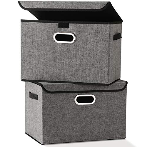 Large Foldable Storage Boxes Bin with Lids[2-Pack] NO Smell Stackable Linen Fabric Storage Container Organizers with Handles for Home Bedroom Closet Nursery Office (Gray Color)