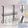 KEIMIX Coat Rack, Over The Door Hanger with Mesh Basket, Detachable Storage Shelf for Towels, Hats, Handbags, Coats (Black)