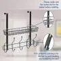 KEIMIX Coat Rack, Over The Door Hanger with Mesh Basket, Detachable Storage Shelf for Towels, Hats, Handbags, Coats (Black)