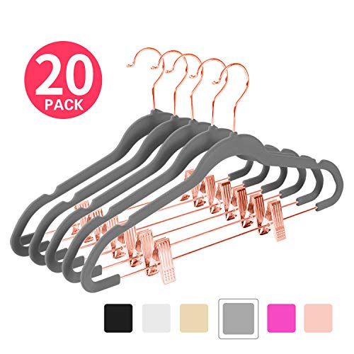 MIZGI Premium Velvet Pants Hangers with Clips (Pack of 20) Slim Skirt Hangers- Non Slip Felt Outfit Dress Hangers Gray - Copper/Rose Gold Hooks,Space Saving Shirt Clothes Hangers