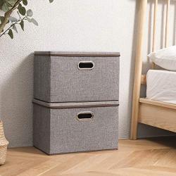 Large Storage Boxes with Lid [3-Pack] Linen Fabric Decorative Storage Boxes Bin Organizer Containers Collapsible Basket Cube with Handles Divider for Bedroom Closet Office Living Room (17.7x11.8x11.8)