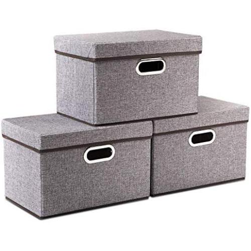 Prandom Foldable Storage Boxes with Lids [3-Pack] Linen Fabric Collapsible Storage Bins Organizer Containers Baskets Cube with Cover for Home Bedroom Closet Office Nursery (14.9x9.8x9.8)