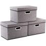Prandom Foldable Storage Boxes with Lids [3-Pack] Linen Fabric Collapsible Storage Bins Organizer Containers Baskets Cube with Cover for Home Bedroom Closet Office Nursery (14.9x9.8x9.8)