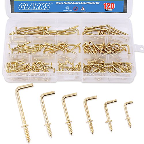 Glarks 120-Pieces 6 Size Brass Plated Square Hooks Lag Thread Handy Hanging Hooks Assortment Set