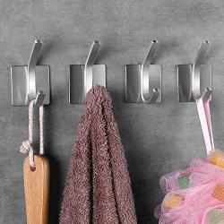 NEXCURIO Self Adhesive Hooks/Towel Hooks-Heavy Duty Wall Hanger Hanging for Robe Coat Bag Stick on Wall - Bathroom Kitchen Office Organizer, Brushed Stainless Steel (4 Pack)