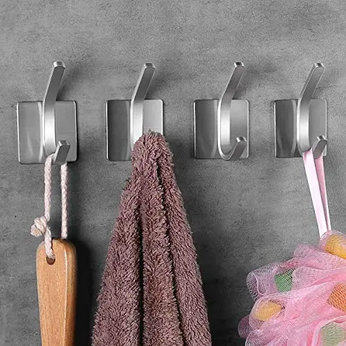 NEXCURIO Self Adhesive Hooks/Towel Hooks-Heavy Duty Wall Hanger Hanging for Robe Coat Bag Stick on Wall - Bathroom Kitchen Office Organizer, Brushed Stainless Steel (4 Pack)