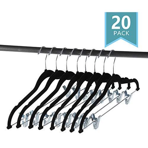 SMART ONYE Pack of 20 Strong and Durable-Heavy Duty-Velvet Clothes Hangers with Clips-Space Saving Velvet Skirts Hangers-Non Slip Velvet Pants Hangers-360 Degree Swivel Hook-Black