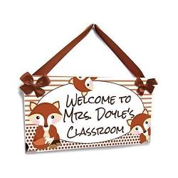 Personalized Door Hanger for Class Dotted and Stripped Fox Theme with Brown Accents