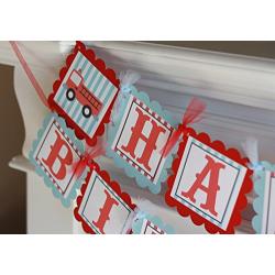 Firetruck Fireman Birthday Door Sign Hanger - Red/Light Blue Stripe - Party Pack Specials - Matching Items Available - Favor Tags, Banners, Cupcake Toppers etc.