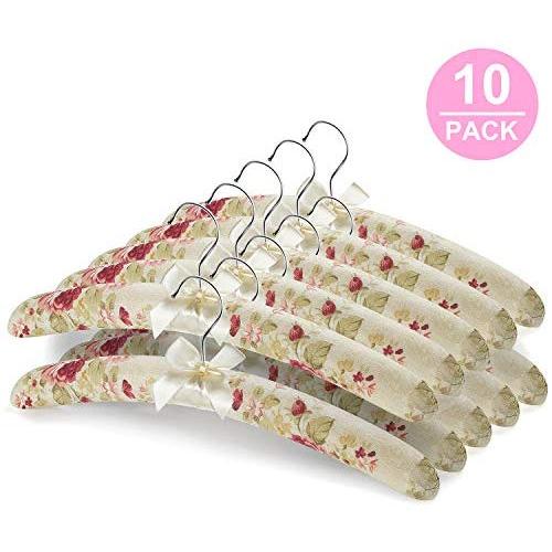 16 inches Satin Padded Hangers for Women Clothing - GLCON Padded Clothes Hangers for Sweaters - No Bump Fancy Floral Bridal Hangers for Adult Coat Suit Wedding Dress (Pack of 10)