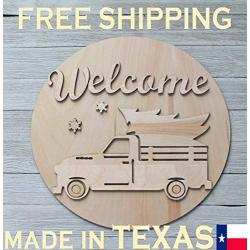 Unfinished Wood Crafts Cutout Vintage Truck Welcome Sign Kit Door Hanger w/Tree