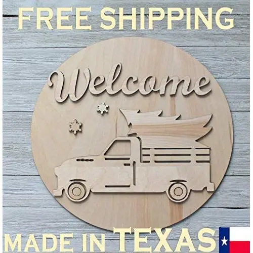 Unfinished Wood Crafts Cutout Vintage Truck Welcome Sign Kit Door Hanger w/Tree Unfinished Wood Crafts Cutout Vintage Truck Welcome Sign Kit Door Hanger w/Tree