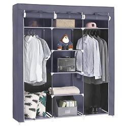 SONGMICS Portable Clothes Closet Non-Woven Fabric Wardrobe Double Rod Storage Organizer Grey 59-Inch URYG12GY