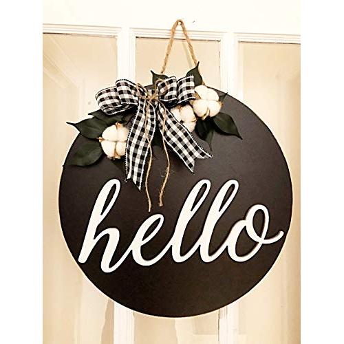 Hello Wreath, Door Decoration, Hello Door Hanger, Black and White Wreath, Front Door Wreath, Buffalo Plaid Wreath, Cotton Decor