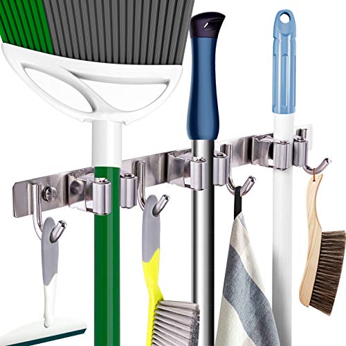 Mop Broom Holder Heavy Duty Hooks Hanger Wall Mounted 15” Stainless Steel Organizer for Lanudry Bathroom Kitchen Garage Tools Rack Storage Durable