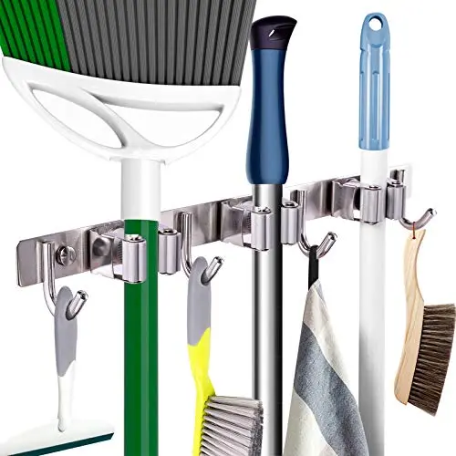 Mop Broom Holder Heavy Duty Hooks Hanger Wall Mounted 15” Stainless Steel Organizer for Lanudry Bathroom Kitchen Garage Tools Rack Storage Durable