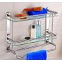 2 Tier Tempered Glass Bathroom Shelf with Towel Hanger - Wall Mounted Shower Storage