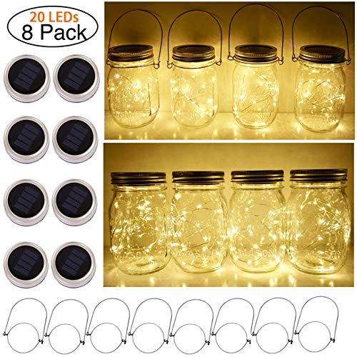 Solar Mason Jar Lid String Lights, 8 Pack 20 Led String Fairy Star Firefly Jar Lids Lights with 8 Hangers Included (Jars Not Included), for Mason Jar Patio Garden Wedding Lantern