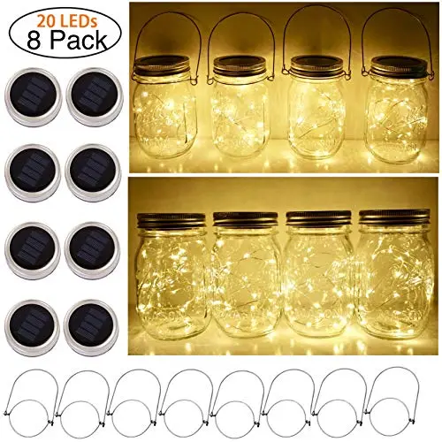 Solar Mason Jar Lid String Lights, 8 Pack 20 Led String Fairy Star Firefly Jar Lids Lights with 8 Hangers Included (Jars Not Included), for Mason Jar Patio Garden Wedding Lantern