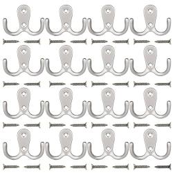 Maosifang 16 Pieces Double Prong Robe Hook Retro Cloth Hanger with 32 Pieces Screws in Matte Nickel,Silver