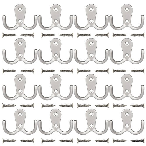 Maosifang 16 Pieces Double Prong Robe Hook Retro Cloth Hanger with 32 Pieces Screws in Matte Nickel,Silver