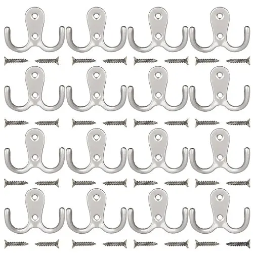 Maosifang 16 Pieces Double Prong Robe Hook Retro Cloth Hanger with 32 Pieces Screws in Matte Nickel,Silver