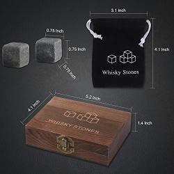 Whiskey Stones Gift Set - 9 Natural Unique Granite Chilling Whiskey Rocks - Velvet Storage Pouch and Stainless steel Tong in Wooden Gift Box