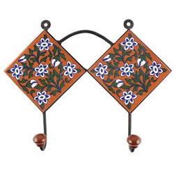 Indianshelf Handmade 1 Artistic Vintage Brown Ceramic Floral Key Hooks Holders/Wall Hooks for Towels