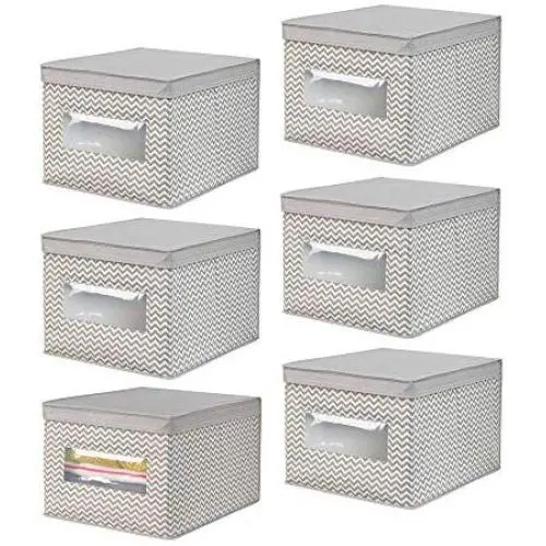 mDesign Soft Fabric Stackable Closet Storage Organizer Holder Boxes with Clear Window, Attached Hinged Lid - Bedroom, Hallway, Entryway, Closet, Bathroom - Chevron Print, Large, 6 Pack - Taupe/Natural mDesign Soft Fabric Stackable Closet Storage Organizer Holder Boxes with Clear Window, Attached Hinged Lid - Bedroom, Hallway, Entryway, Closet, Bathroom - Chevron Print, Large, 6 Pack - Taupe/Natural