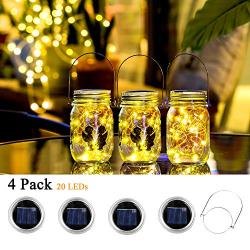 Solar Mason Jar Lid Light,4 Pack 20Led String Fairy Lights 4 Hangers(Jars Not Included),Best for Mason Jar Decor,Patio Garden Decor Solar Laterns Table Lights(Warm White)