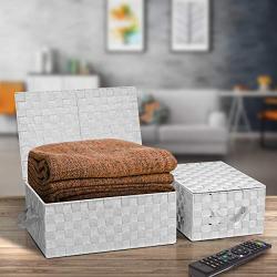 Sorbus Storage Boxes Woven Basket Bin Container Tote Cube Organizer Set Stackable Storage Basket Woven Strap Shelf Organizer Built-in Carry Handles (Woven Lid Baskets - White)