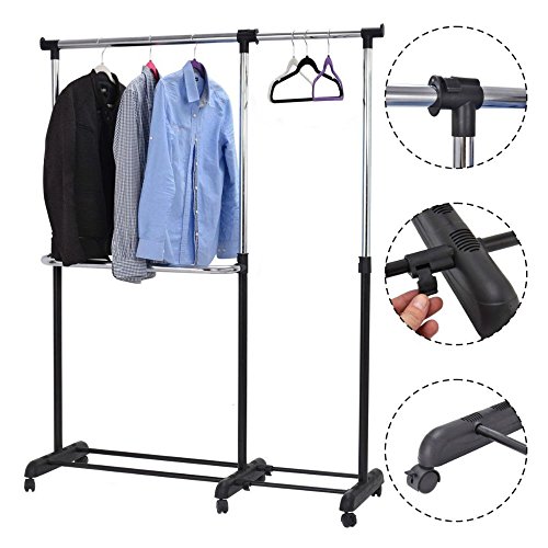 Adjustable Heavy Duty Garment Rack Rolling Clothes Hanger Extendable Rail Rack