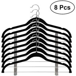 DNJKSA 8pcs Non-Slip Flocked Velvet Clothes Hangers Hooks with Clips for Coats Jackets Pants Dress Clothes (Black)