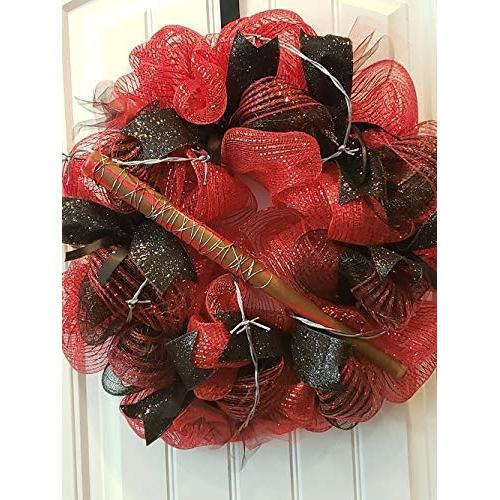 BARBED WIRE BASEBALL BAT RED AND BLACK DECO MESH WREATH -  WREATH HANGER INCLUDED