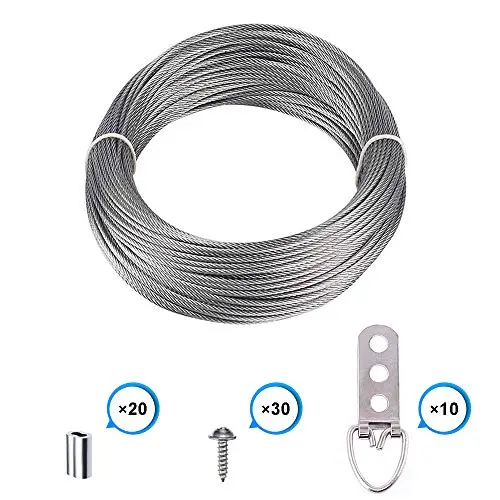 Picture Frame Hanging Wire Kit, Stainless Steel Wire with 10 Pieces 3 Holes D-Ring Picture Hangers with Screws and 20 Pieces Aluminum Crimping Loop Sleeve, Supports up to 110 Lbs (1.5 mm x 65 Feet)
