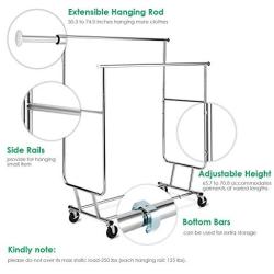 TomCare Garment Rack Double Clothes Racks Adjustable Clothing Rack Extensible Clothes Hanging Rack Commercial Grade Garment Rolling Racks for Hanging Heavy Duty Stainless Steel Garment Rack on Wheels