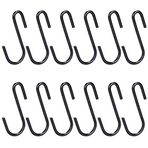 12 Pack 2.4'' Heavy Duty (22lbs Max) S Shaped Hooks Hanging Hangers Hooks for Kitchen, Bathroom, Bedroom and Office(Pan,Pot,Coat,Bag,Plants)(Black)