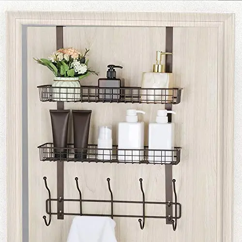 Coat Hook Metal Storage Rack with 2 Baskets & 5 Hooks Over The Door Organizer Decorative for Office, Bathroom, Bedroom Coat Hook Metal Storage Rack with 2 Baskets & 5 Hooks Over The Door Organizer Decorative for Office, Bathroom, Bedroom