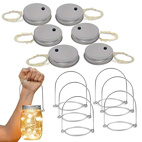 Brass Tacks 6 Pack Mason Jar Lid Fairy Lights, 10 LED Jar Lid Fairy String Lights with 6 Jar Hangers, Indoor/Outdoor Decorations for Parties, Gardens, Holidays Brass Tacks 6 Pack Mason Jar Lid Fairy Lights, 10 LED Jar Lid Fairy String Lights with 6 Jar Hangers, Indoor/Outdoor Decorations for Parties, Gardens, Holidays