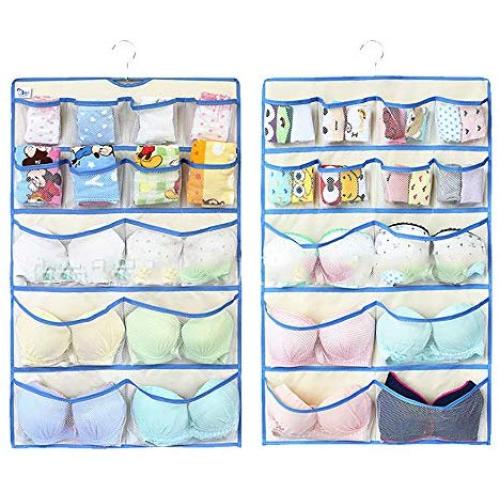 Alipher Bra Storage Bag Double Side Hanging Closet Organizer Stocking Mesh Pockets Clothes Hanging Bag with Metal Hanger (Blue)