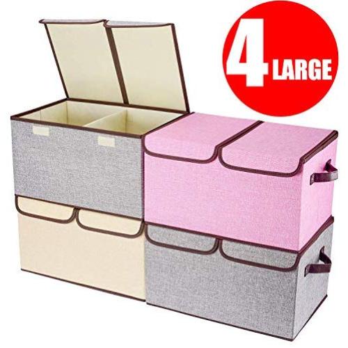 senbowe Larger Storage Cubes [4-Pack] Linen Fabric Foldable Collapsible Storage Cube Bin Organizer Basket with Lid, Handles, Removable Divider for Home, Nursery, Closet - (17.7 x 11.8 x 9.8”)