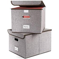 Prandom File Organizer Boxes - Set of 2 Collapsible Decorative Linen Filing Storage Hanging File Folders with Lids Office Cabinet Letter Size (15x12.2x10.75 inch)