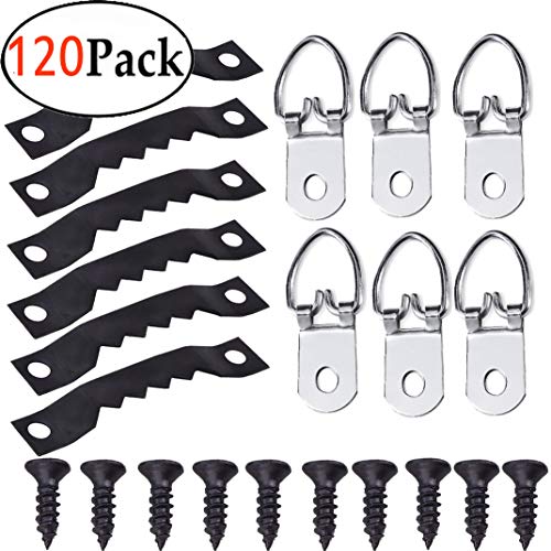 100 Pack Sawtooth Hangers Picture Frame Hanging Double Hole 1 1/2"(Black) with Screws and 20 Pack D Ring Picture Hangers for Home Decoration Creative Picture Frame Hanging (100pack Sawtooth kit)