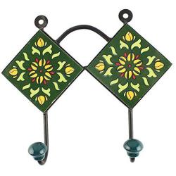 Indianshelf Handmade 1 Artistic Vintage Green Ceramic Floral Wall Hooks Tile Hanger/Bathroom Towel Holder