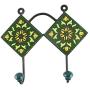 Indianshelf Handmade 1 Artistic Vintage Green Ceramic Floral Wall Hooks Tile Hanger/Bathroom Towel Holder