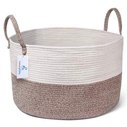 Luxury Little Nursery Storage Basket, Size XXXL :: 100% Cotton Rope Hamper with Handles :: Sturdy Baby Bin Organizer for Laundry, Toys, Blankets, Pillows & More, 22" x 22" x 14", White/Beige