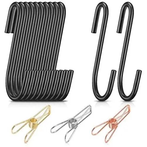 AYAYASTORY S Hooks Set, 12PCS Black Steel S Shaped Hooks and 3PCS Utility Clips, Heavy Duty Hanging S Hook for Kitchen, Bathroom, Bedroom and Office: Pan, Pot, Cups, Bag, Towel, Plants, Pictures AYAYASTORY S Hooks Set, 12PCS Black Steel S Shaped Hooks and 3PCS Utility Clips, Heavy Duty Hanging S Hook for Kitchen, Bathroom, Bedroom and Office: Pan, Pot, Cups, Bag, Towel, Plants, Pictures