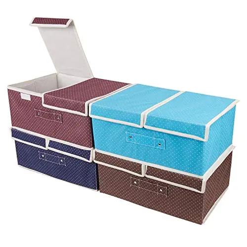 RONRI Cube Storage Bins Set Lidded Storage Boxes with Handles, Canvas Collapsible Fabric Storage Bins for Clothes/Toys/Books/Bedding/Accessories, Set of 4 Small (Wine Red/Sky Blue/Brown/Dark Blue)